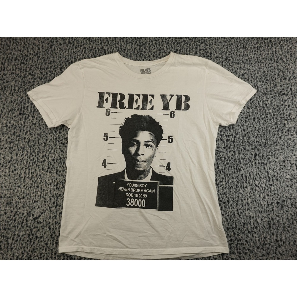 Never Broke Again T-Shirt Mens Large White Free YB‎ Mugshot Graphic Tee